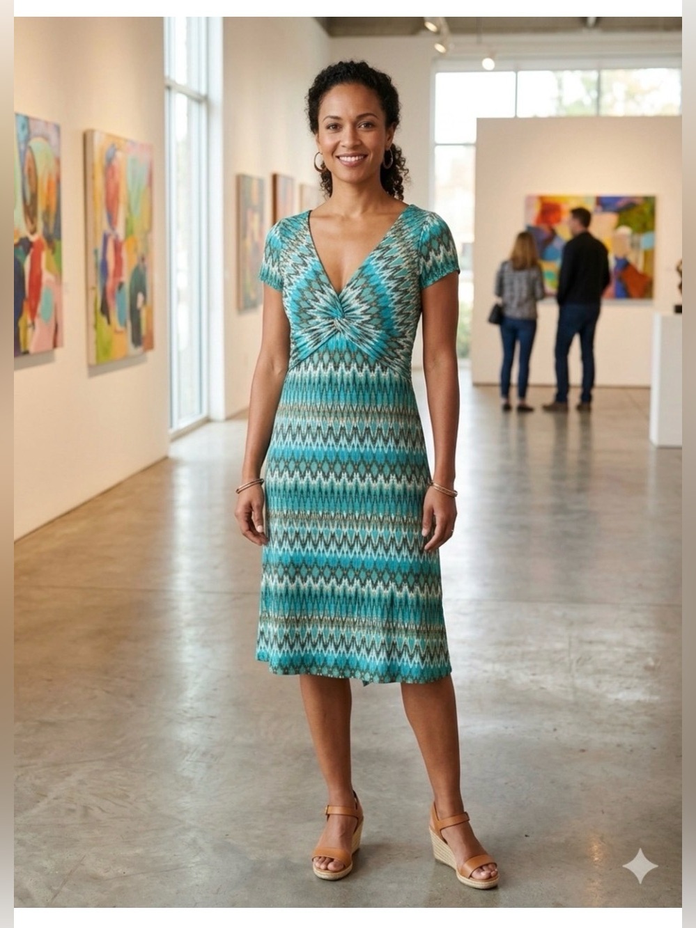 BCBGMaxAzria Teal and Aqua Zigzag Twist-Front V-Neck Wrap Dress
